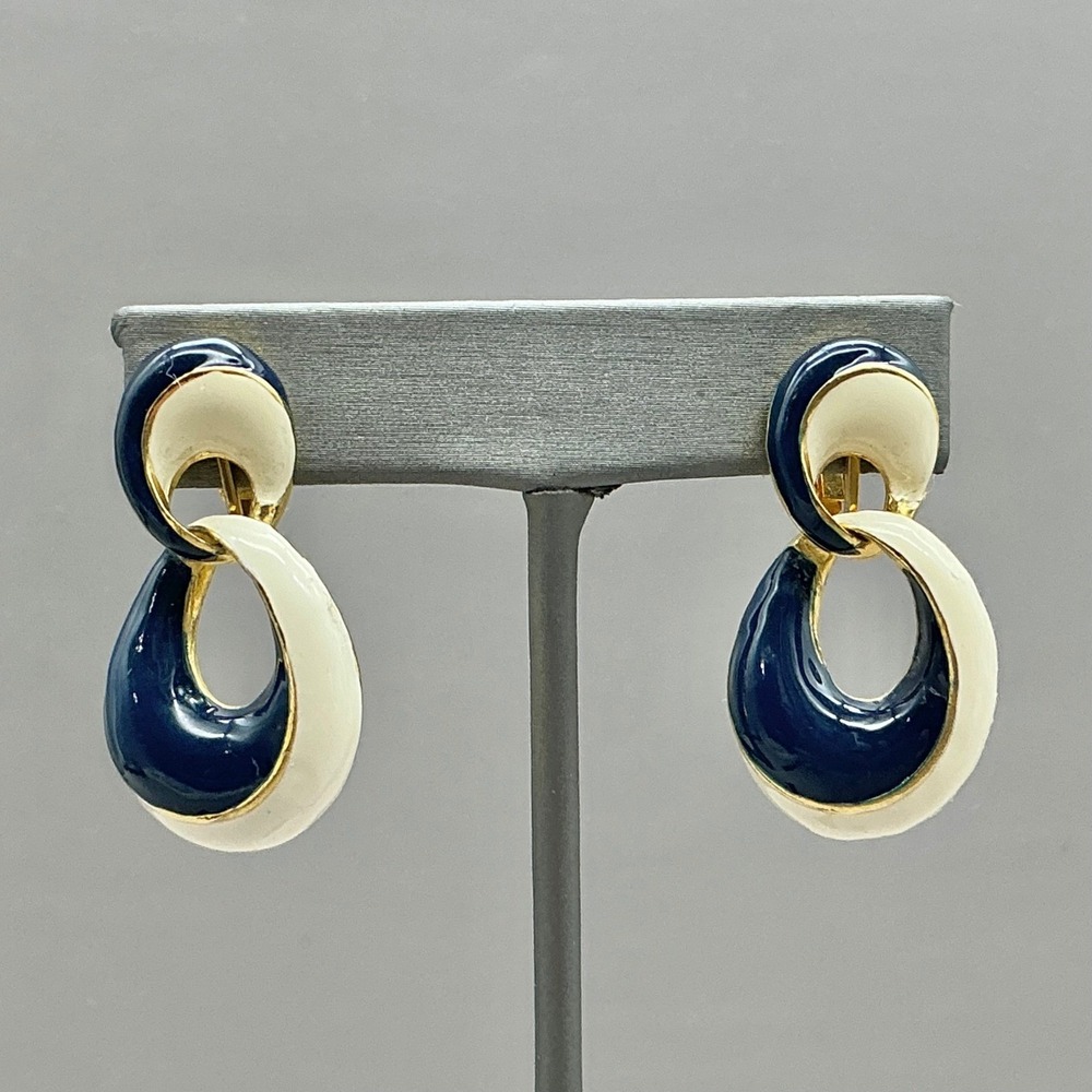 Earrings Women Blue Cream Gold‎ Tone Enamel Dangle Drop Clip On Vintage 1.5 Inch